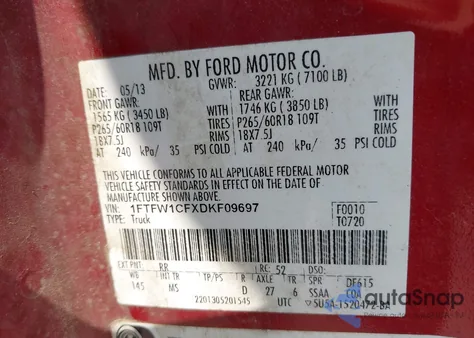 2013 Ford F-150 Xlt z USA, uszkodzony, nr VIN 1FTFW1CFXDKF09697